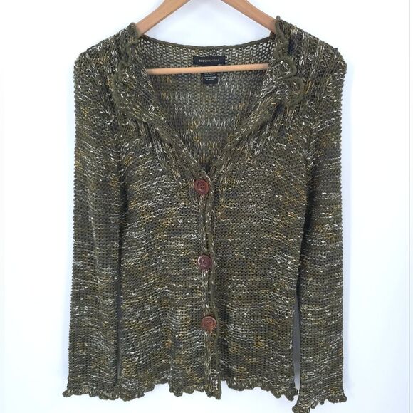Y2k 90s BCBGMAXAZRIA Knit Cardigan Green Button Front Goblincore Lettuce Trim - Picture 1 of 15